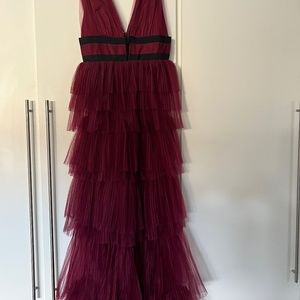 True Decadence Burgundy Plunge Front Tulle Maxi Dress